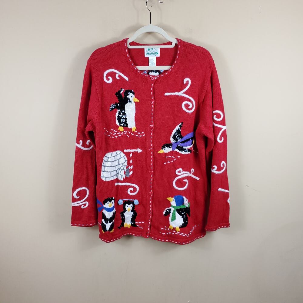 Quacker Factory Red Winter Snow Penguin Button Cardigan Size L
